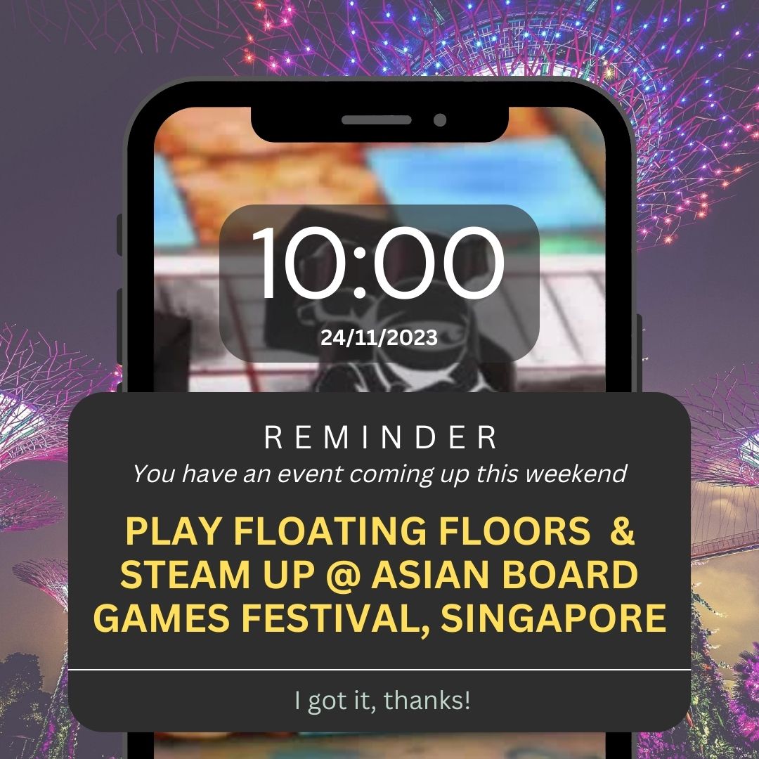 Happy day!  Asian Board Games Festival is on, Fri-Sun! Check out Steam Up and Floating Floors with Henry. See you soon!
<a href="/hotbananagame/">Pauline & Marie @Hot Banana Games</a> <a href="/origame_co/">origame.co</a>
loom.ly/EjM-jT8
