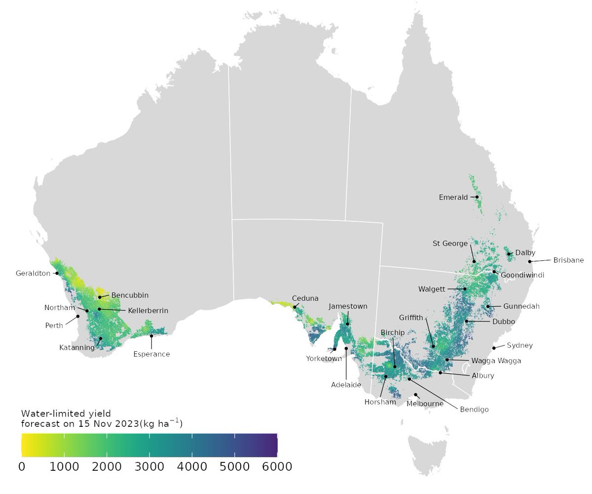 This is the final <a href="/CSIRO/">CSIRO</a> #Wheatcast national wheat yield forecast for 2023. Median expected yield is 1.74 t/ha which is 4% below the 15-yr average yield. The map shows median expected water-limited yields. For more detail, including state forecasts see: research.csiro.au/digiscape/digi…