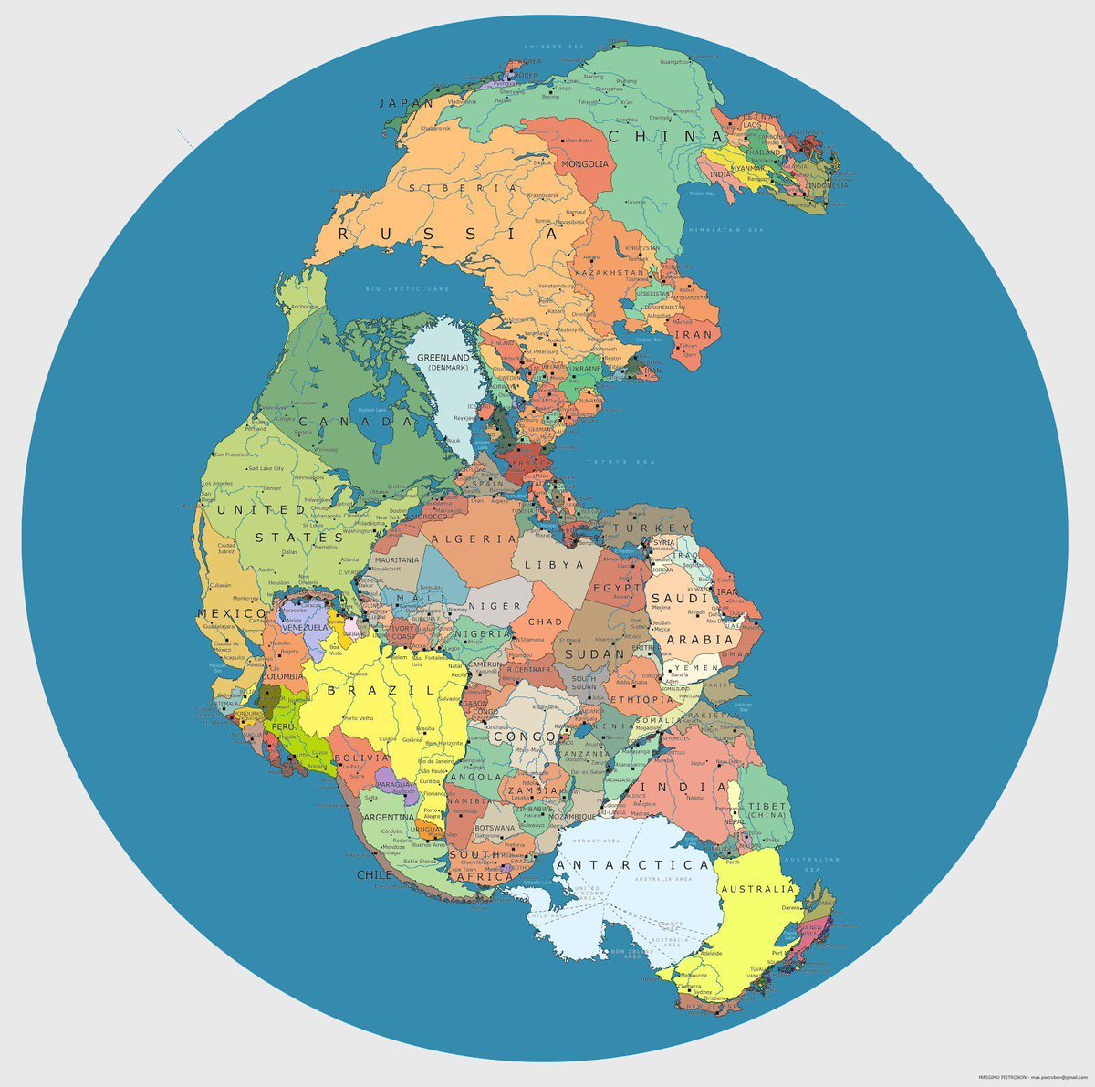 This is one of my all time favourite maps. It shows the super-continent #Pangea (300M-175M years ago) with modern political boundaries. Source: buff.ly/2GLWdCz