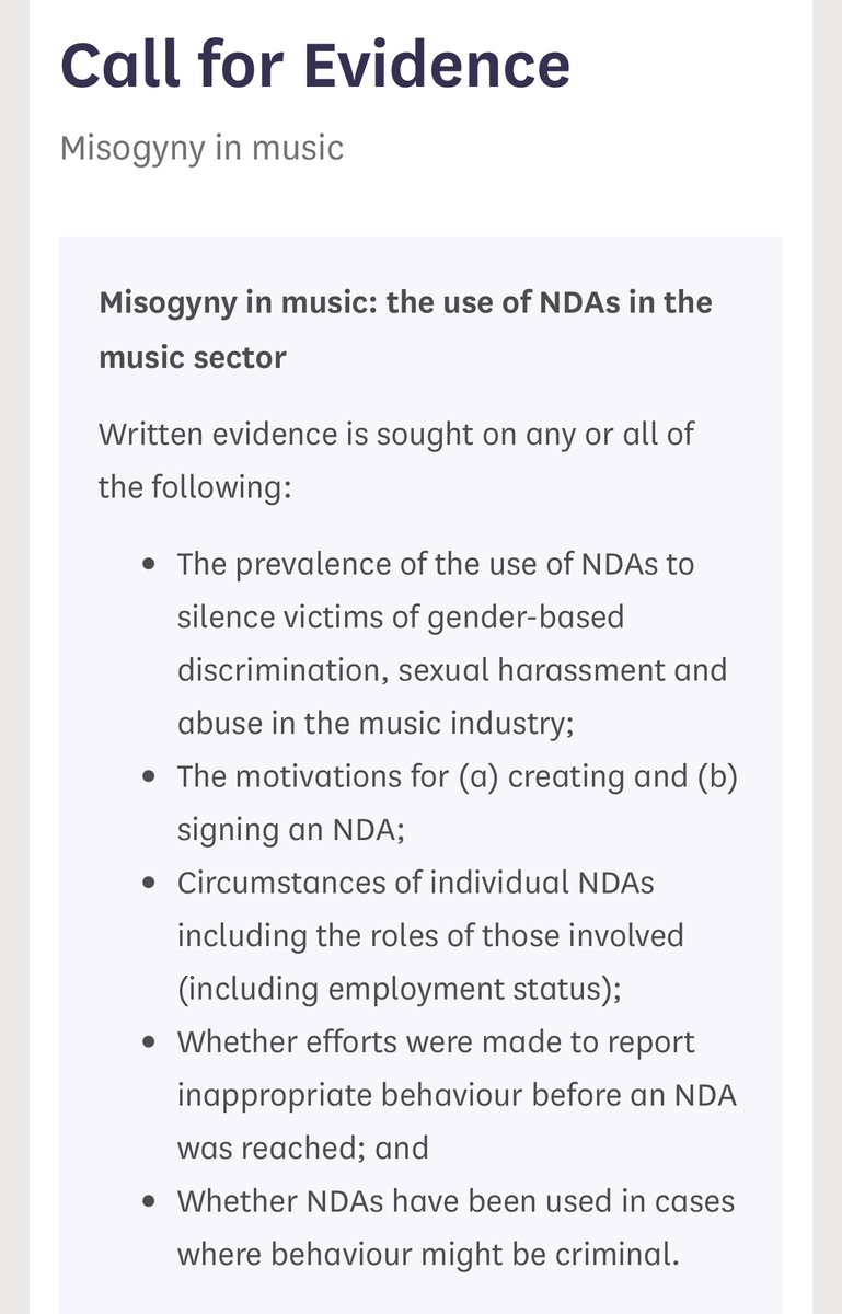 An update in the #misogynyinmusic inquiry - a further call for evidence this time focusing on NDAs. The evidence won’t be made public committees.parliament.uk/call-for-evide…