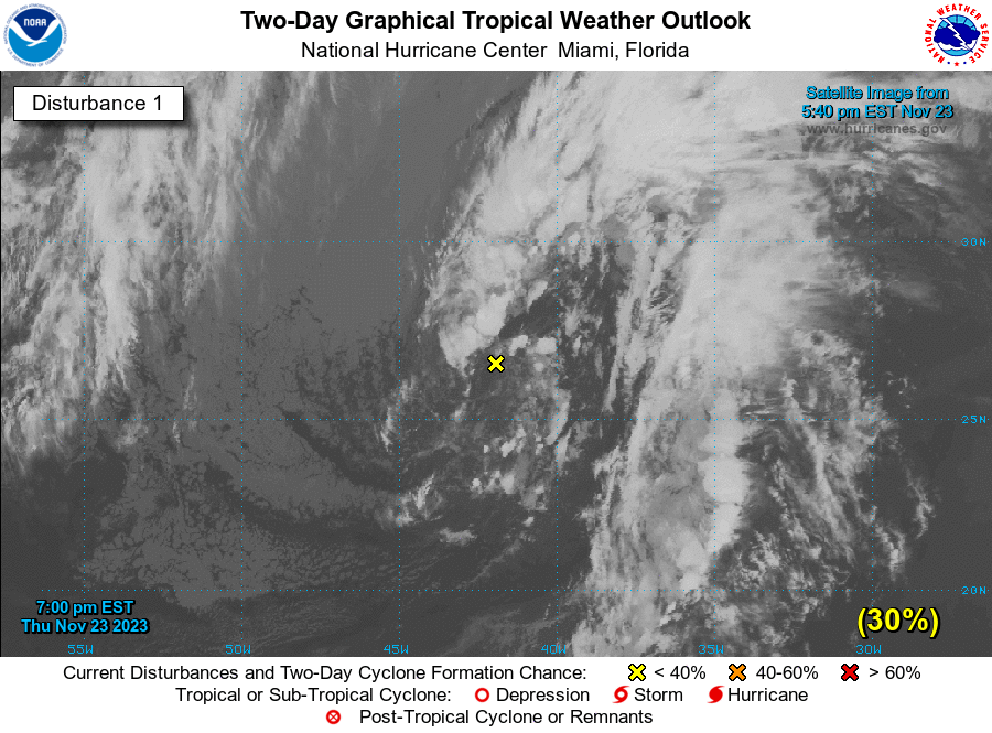NHC_Atlantic's tweet photo. 7pm EST 23 Nov: NHC is monitoring a non-tropical system (Invest #90L), that has a medium chance (40%🟠) of becoming a subtropical or tropical storm as it moves NE over the subtropical Atlantic the next few days.

Wishing everyone a happy thanksgiving!🦃

https://t.co/DboWSR4Ct1 https://t.co/j4aBN1L47w