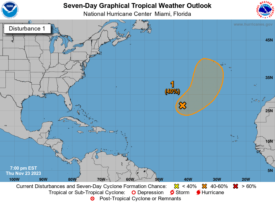 NHC_Atlantic's tweet photo. 7pm EST 23 Nov: NHC is monitoring a non-tropical system (Invest #90L), that has a medium chance (40%🟠) of becoming a subtropical or tropical storm as it moves NE over the subtropical Atlantic the next few days.

Wishing everyone a happy thanksgiving!🦃

https://t.co/DboWSR4Ct1 https://t.co/j4aBN1L47w