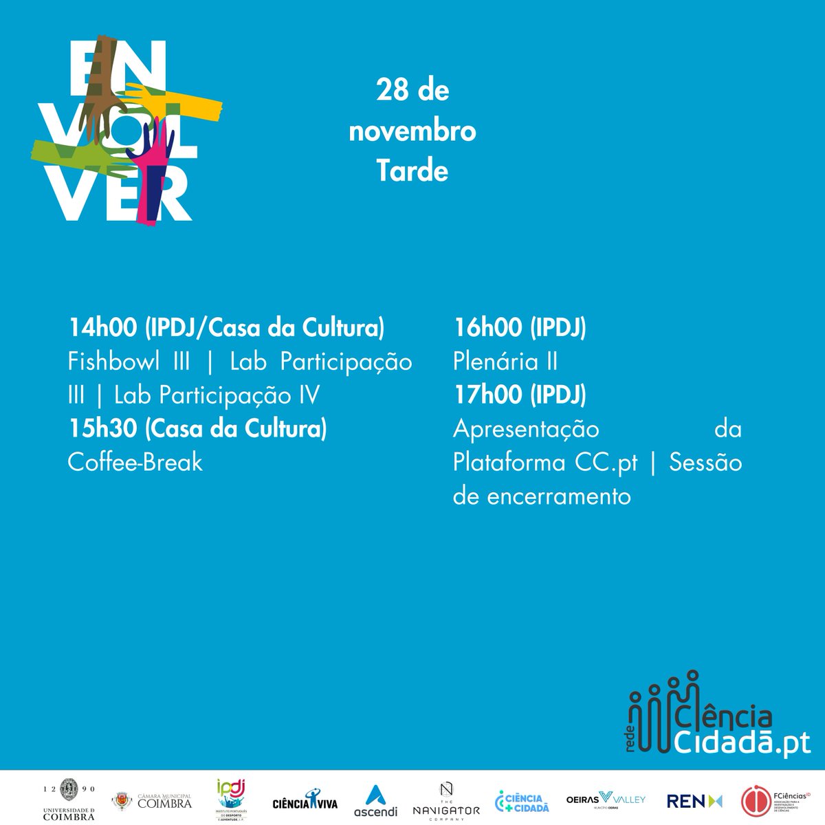 🚨 Esta tarde inicia-se com um Fishbowl e dois Labs de Participação. Ainda teremos hoje a sessão de apresentação da nova plataforma da CC.pt, e a sessão onde nos despedimos de Coimbra.  
📸 Partilhem connosco as vossas fotografias e ideias com o #ENCC2023