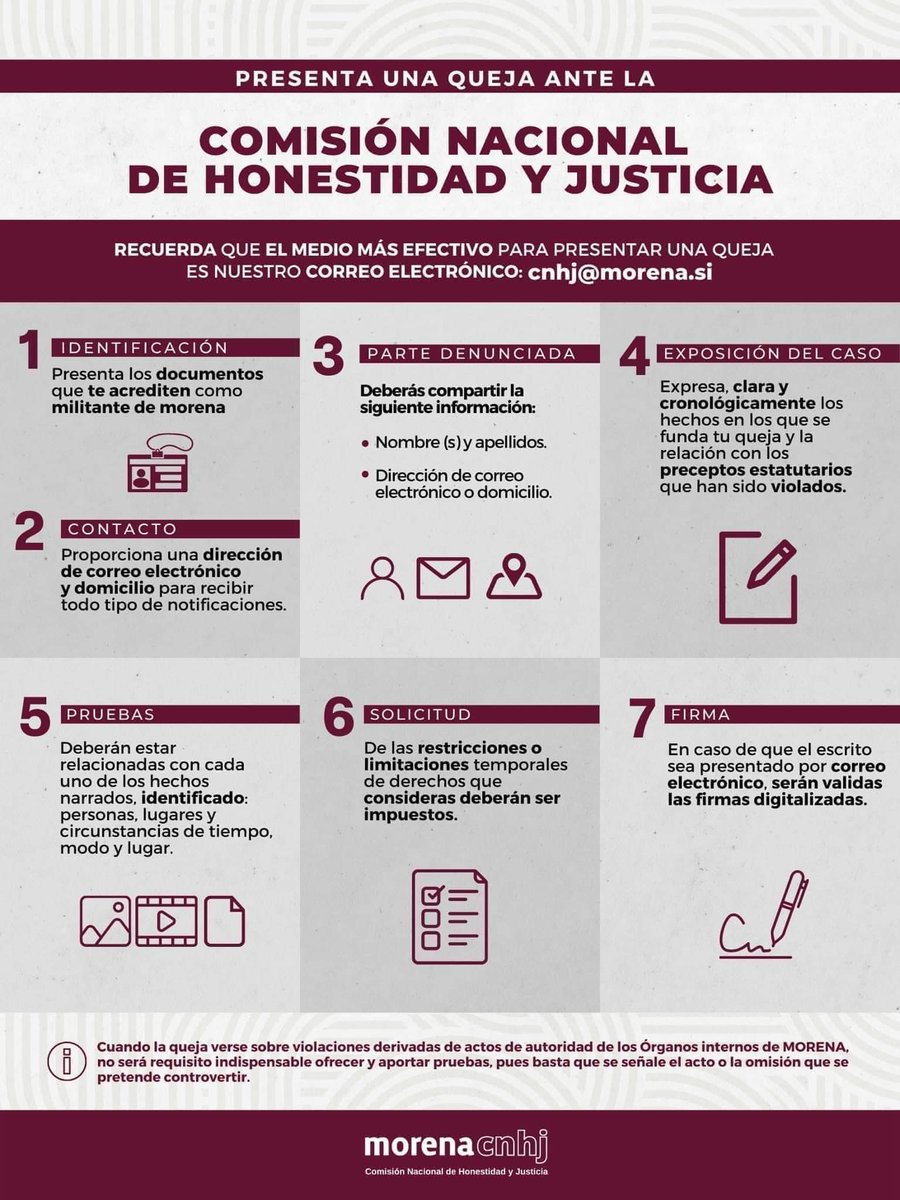 CNHJ_Morena's tweet photo. ¿Sabes como presentar una queja ante la CNHJ?

¡Aquí te compartimos los datos!

#morena #LaEsperanzaDeMéxico #HonestidadYJusticia #ElCambioVerdadero https://t.co/Z6P6lXHbqc