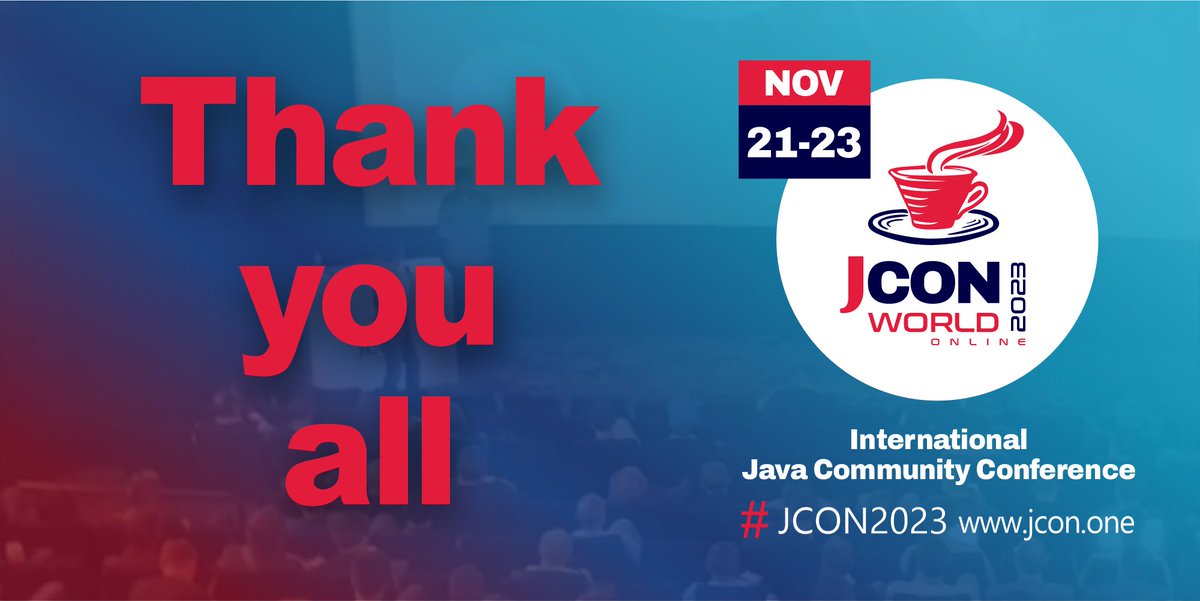 🎉 What a blasting #JCON2023 this was 🎉

Thanks to everyone, and a special shoutout to our brilliant speakers and attendees – your energy fueled this incredible conference. 

🚀 Join us next year at #JCON2024, whether at JCON EUROPE, JCON OpenBlend Slovenia or JCON WORLD ONLINE.