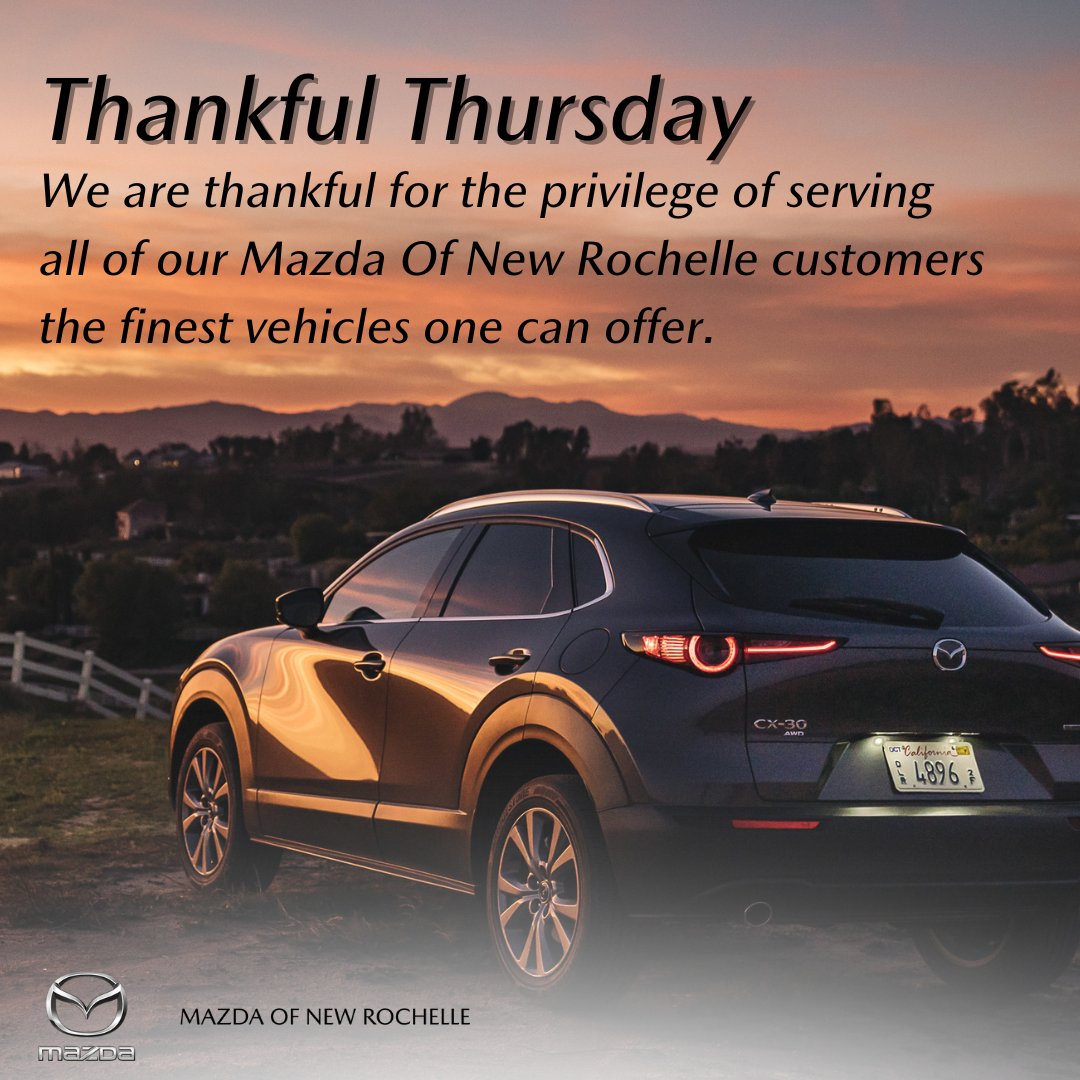 MazdaNewRochell's tweet photo. Expressing gratitude on this Thursday! 🌟 Sending warm holiday wishes to all our valued customers who are like family. 

#holidays #thanksgiving #christmas #mazda #newrochelle #thankful #mazdalove https://t.co/68eR6mCT2u