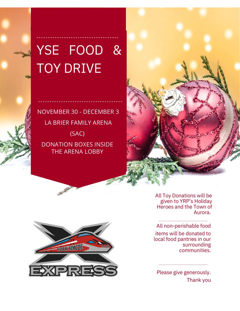 YSE is holding a food and toy drive from November 30th to December 3rd at La Brier Family Arena! All donations will be going to YRP’s Holiday Heroes, The Town of Aurora, and other local food pantries in our community! 🚂🚂