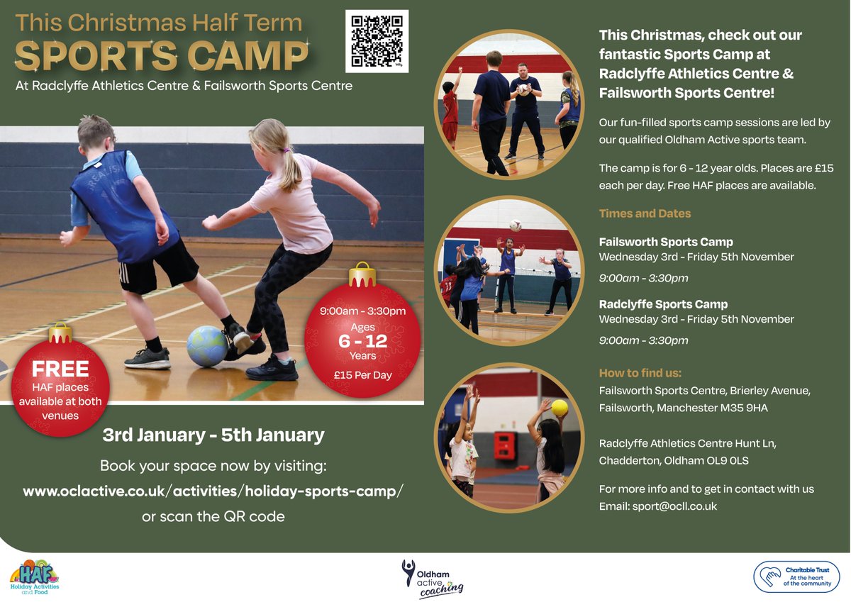 Please find attached details of Christmas Holiday Sports Camps provided by Oldham Active Coaching.  There are 50 FREE places available for children that are entitled to means tested FSM and can provide a HAF code. <a href="/OACoaching/">Oldham Active Coaching</a> <a href="/LyndhurstOldham/">Lyndhurst Primary</a>