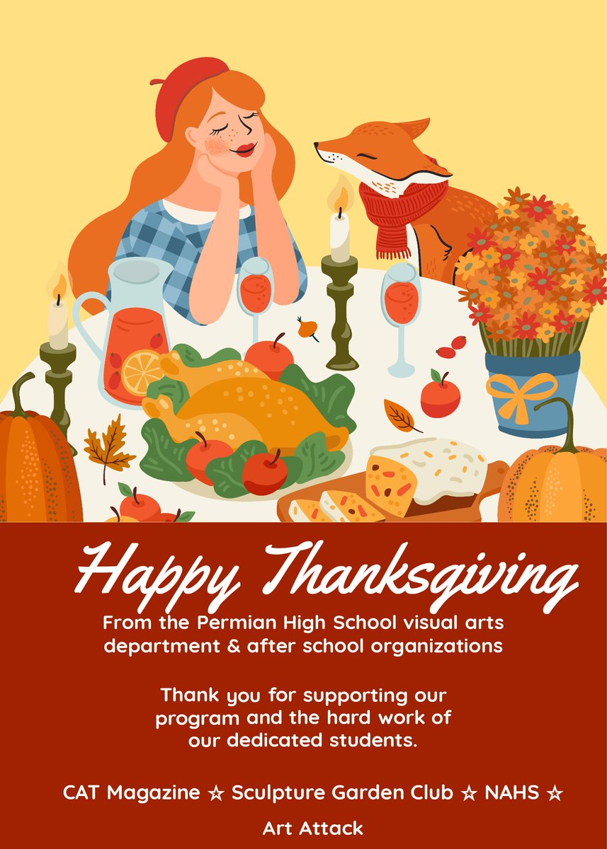 Mojo-visual-arts (@permian_arts) on Twitter photo Happy Thanksgiving from the <a href="/Permian_GoMOJO/">Permian High School</a> visual arts department and after school art organizations! <a href="/ScottMuri/">Scott Muri</a> <a href="/DelesaStyles/">Delesa Styles</a> @EFOdessa <a href="/EctorCountyISD/">Ector County ISD</a> <a href="/ECISD_FineArts/">ECISD Fine Arts Department</a> <a href="/HsTaea/">TAEA HS Division</a> <a href="/TXarted/">TAEA</a> <a href="/MrJTmath/">Jose Trejo</a> Happy Thanksgiving from the <a href="/Permian_GoMOJO/">Permian High School</a> visual arts department and after school art organizations! <a href="/ScottMuri/">Scott Muri</a> <a href="/DelesaStyles/">Delesa Styles</a> @EFOdessa <a href="/EctorCountyISD/">Ector County ISD</a> <a href="/ECISD_FineArts/">ECISD Fine Arts Department</a> <a href="/HsTaea/">TAEA HS Division</a> <a href="/TXarted/">TAEA</a> <a href="/MrJTmath/">Jose Trejo</a>
