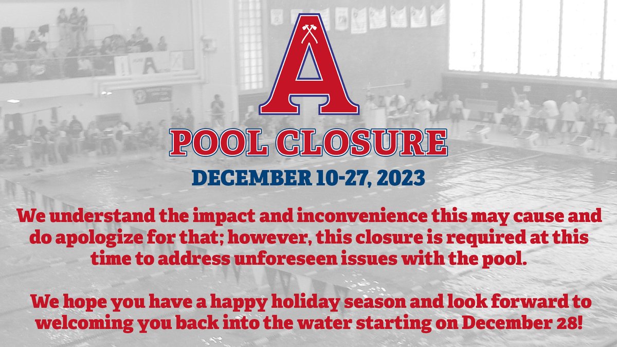 The Acadia pool will be closed from December 10-27, 2023, for unscheduled maintenance. 
We understand the impact and inconvenience this may cause and apologize for that; however, this closure is required to address unforeseen issues with the pool.