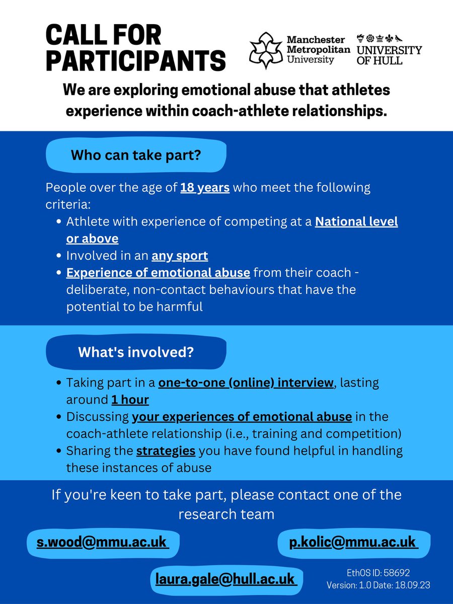 🚨Please share🚨

Emotional abuse (deliberate, non-contact, potentially harmful, behaviour) can negatively impact athletes’ experiences in sport.

We’re exploring how athletes cope with emotional abuse in coach-athlete relationships. 

If you have experiences, please see below 👇🏼