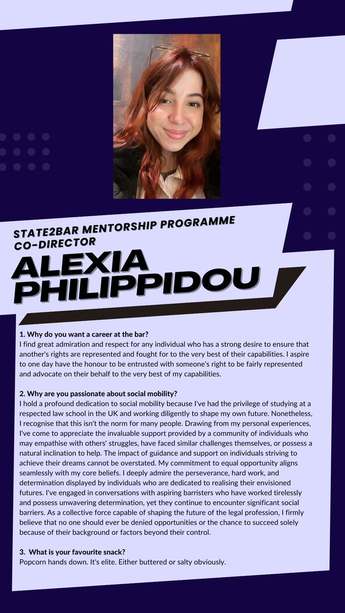 State2Bar's tweet image. Meet Alexia, our Mentorship Programme Co-Director!

#mentorship #thebar #socialmobility