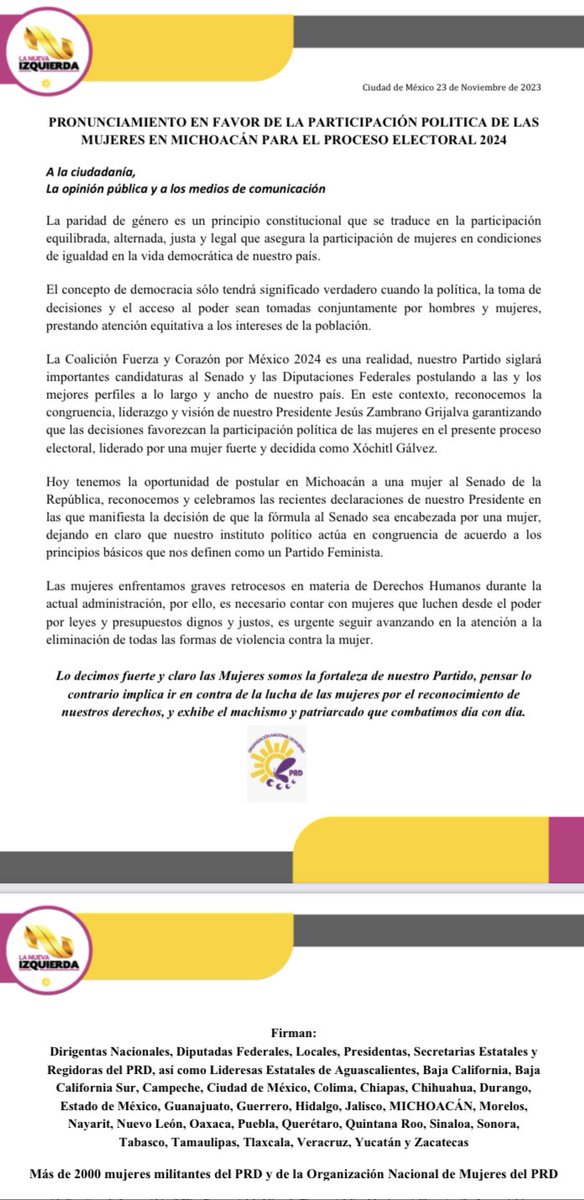 ONMPRD's tweet image. Desde la ONM reconocemos las decisiones de nuestro Presidente @Jesus_ZambranoG a favor de las candidaturas al Senado encabezadas por mujeres en la #CoalicionFuerzaYCorazonPorMéxico @MichoacanPRD @XochitlGalvez
