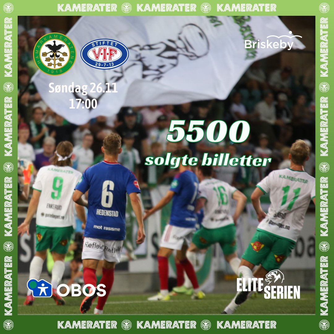 Billettsalget tikker og går til HamKam - Vålerenga på søndag.🇳🇬👏
5.500 solgte billetter er status torsdag kveld. 
Flere felt begynner å fylle seg opp.

Løp og kjøp billett i HamKam appen om du ikke allerede har gjort det🇳🇬👉🎟️ 
HamKam.woow.no