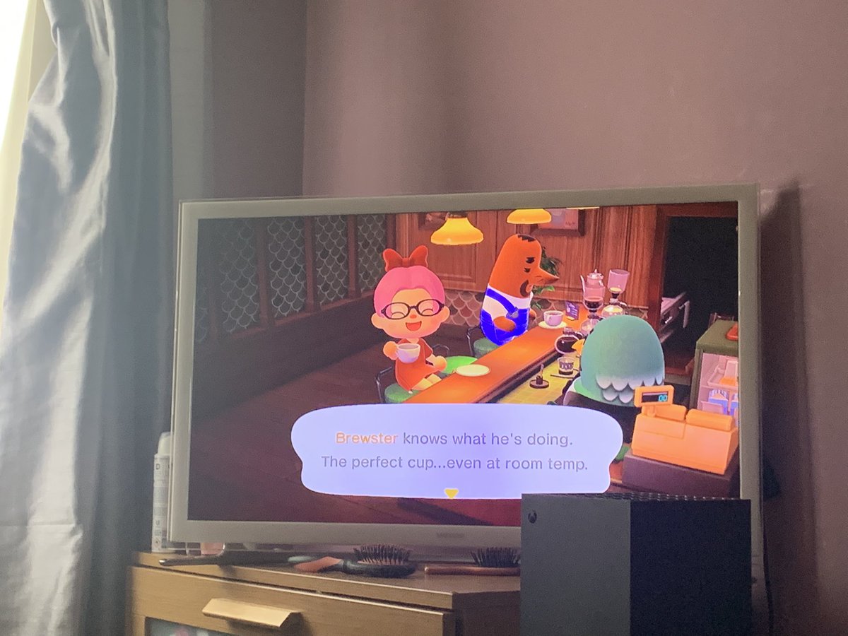 NatalieS157's tweet photo. My Animal Crossing Adventure Part 162! Nothing Better Than A Nice Coffee Break At Brewster’s 
☺️🤓✌🏻🎧🎮💋
🐶🦊🐯🐸🐻🦁🐔🐼🐮🐹🐻‍❄️🐷💕
#GamerSession #GamePlay #GamerGirl #Nerd #NintendoSwitch #AnimalCrossing #MistyCove #CoffeeBreak #DressedFancy #RedDress #Brewster #Museum https://t.co/mrhUccUblo