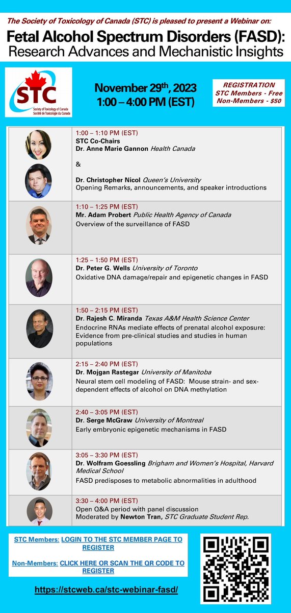 🔔 Reminder

The STC, in conjunction with Dr. Peter G. Wells is hosting a #webinar on Fetal Alcohol Spectrum Disorders: Research Advances and Mechanistic Insights on 29th Nov 2023 from 1-4pm. For registration : stcweb.ca/stc-webinar-fa…

#fasd #toxicology #epigenetics #neuroscience