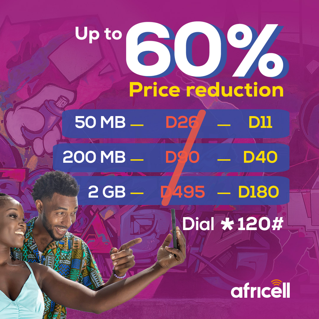 AfricellGM's tweet photo. Check out our new Data Tariffs📷
Africell, Highest Quality, Fastest Speed & the Most Reliable Network.
Simply Dial *120# and select your desired bundle.
50MB for D11 instead of D26
200MB for D40 instead of D90
2GB for D180 instead of D495
#AfricellGm
#UpTo60%PriceReduction https://t.co/vd0I6XdTCh