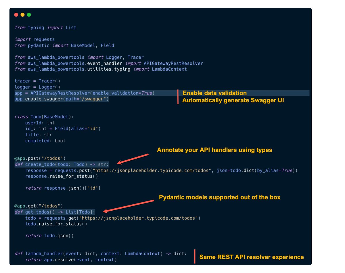 📣 Powertools for AWS Lambda (Python) 2.28 is out!

🔥 Request/Response data validation via types
🔥 OpenAPI &amp; SwaggerUI for API Gateway REST/HTTP, ALB, Lambda Function URL, VPC Lattice
🫶 Inspired by FastAPI to ease migrations
and more!

github.com/aws-powertools…

#aws #serverless