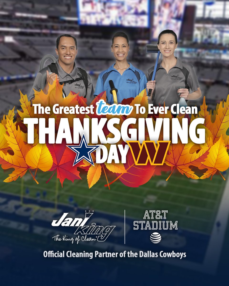 JaniKingClean's tweet photo. Ready for the Dallas Cowboys' Thanksgiving traditions ๐ฆ! It's game day, and Jani-King is here to showcase our talent in keeping AT&T Stadium spotless. Let's go, Cowboys! ๐๐๏ธ
#DallasCowboys #Commanders #NFL #ThanksgivingDayGame #JaniKing #KingofClean #GreatestTeamToEverClean https://t.co/2m61UtBJeP