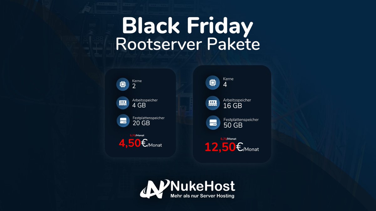 Black Friday Deal! 🚀

Spare mit unseren Rootserver Paketen bei deiner Bestellung! 
Das Angebot gilt auf die gesamte Laufzeit und nur solange der Vorrat reicht 😇

🚀 nuke-host.eu/server/kvm/off…