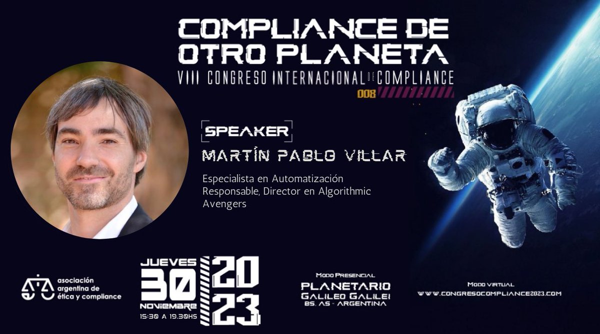MPVillar's tweet photo. :: VIII Congreso Internacional de Compliance ::

¡Falta muy poco! el 30/11 voy a contar sobre la investigación que hice el año pasado en COMPLIANCE DE OTRO PLANETA organizado por @AAECOMPLIANCE 🚀 🤖🦾 #AlgoritmosInterplanetarios #AutomatizaciónResponsable https://t.co/M7uE5y0mTn
