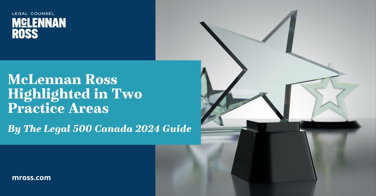 We’re proud to share we’ve been recognized in two practice areas in <a href="/thelegal500/">The Legal 500</a> 2024 Guide.

Congratulations to our Labour &amp; Employment and Environmental &amp; Energy teams!
 
Read more here: bit.ly/3MYF3Um
 
#MRoss #MRLeads #Legal500