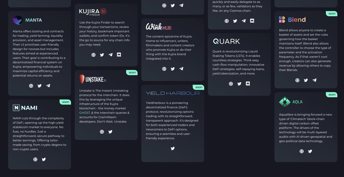 We've updated the ecosystem page to include <a href="/unstake_fi/">unstake.fi</a>, <a href="/Quark_Protocol/">Quark Protocol</a>, <a href="/NamiProtocol/">NAMI | Merging into $RUJI</a>, <a href="/yieldharbour/">yieldharbour</a>, @TeamWinkHUB &amp; <a href="/AQLA_Token/">Aqualibre</a> 🐋💙

Keep an eye on this page to see all things present &amp; incoming to the #Kujira ecosystem 👀

24 protocols &amp; counting 🧮

Link in the comments 👇