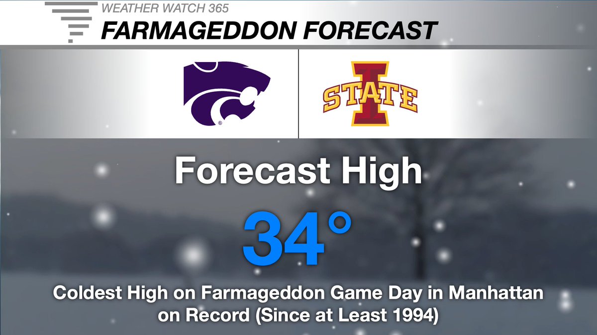 JDuncanWx's tweet image. This is forecast to be the coldest high temperature on Farmageddon Game Day @KState since at least 1994, before weather records began in Manhattan.

The coldest to date was in 2015 with a high of 40°.

Snow is also expected during the game.

#kswx #KStateFB #recordcold #snow