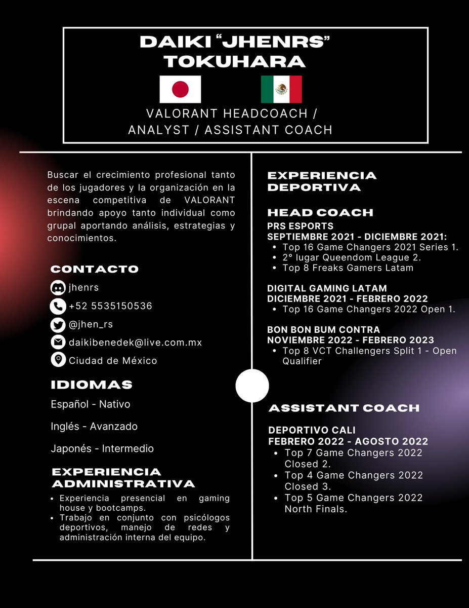 Después de un tiempo viviendo en Japón y ya de regreso en México y con muchas ganas de competir, me anuncio F/A como Head/Assistant Coach o Analista para el próximo split de VCT o de GC.
-Exp T1 en GC y T2 en VCT
-Exp en GH y disponibilidad para viajar
Gracias por los V y RT's ❤️