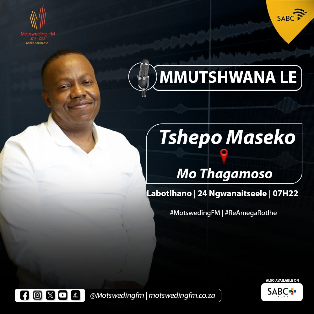 motswedingfm's tweet photo. #Thagamoso le DMOS , SSS , Oatile Jacobs

Labotlhano ono re nwa mmutshwana le Tshepo Maseko, se fetwe.

📱: 082 565 6674

🌐: https://t.co/bpXxNNGEmG

SABC +: https://t.co/m3YZ9Vske3

#MotswedingFM | #ReAmegaRotlhe https://t.co/1smiOAa7IA