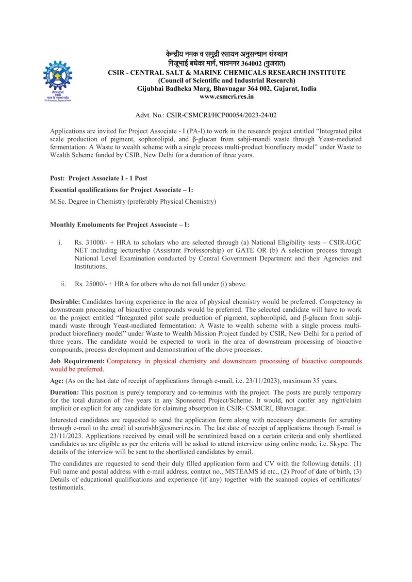 sourish007's tweet photo. Applications from motivated candidates are invited for Project Associate - I  to work in CSIR Waste to Wealth Project for a duration of three years. Candidates can directly write to me @ sourishb@csmcri.res.in or can fill  @ https://t.co/xRgTOHZfZU. https://t.co/9NYi63yUXF