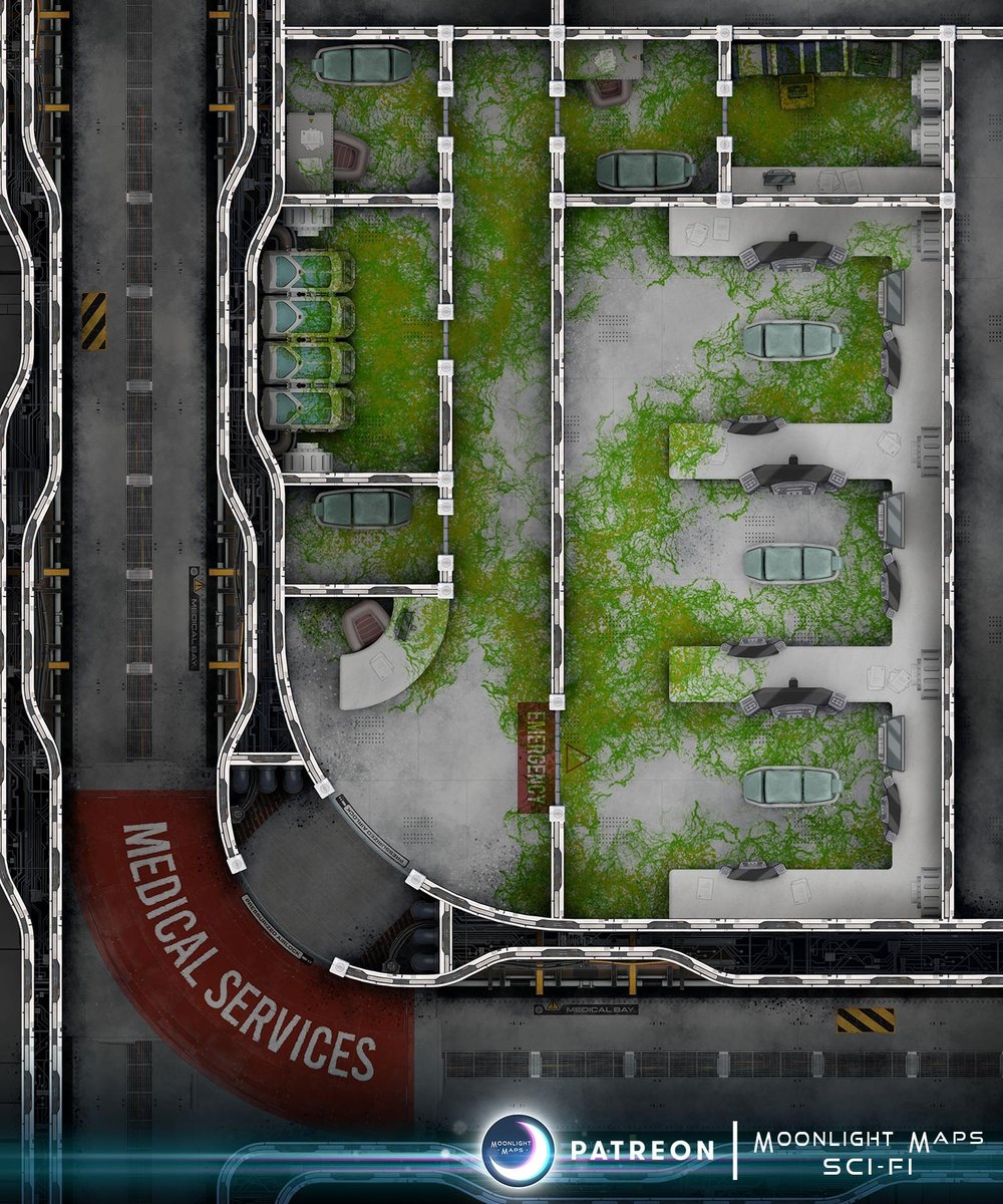 Moonlight_Scifi's tweet image. When the virus breaches the medical bay, there's not many safe places left to go. You can't save anyone else here, just escape while you can!

Sickbay map set available at link in bio! 🌙⁠
⁠
⁠#citymap #cyber #encountermap #battlemap #scifimap #scifi #ttrpg #foundryvtt