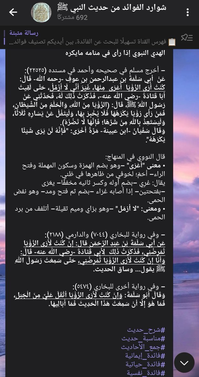 EnasMR_'s tweet photo. @FNkREF @_Abd3llh سبحان الله.. هذا الهدي أرشد  به النبي ﷺ صاحبه أبا قتادة -رضي الله عنه- لما اشتكى له الأحلام المفزعة، وأبو قتادة أخبر به التابعي أباسلمة بن عبدالرحمن بن عوف -أحد الفقهاء السبعة بالمدينة- لما اشتكى له كذلك.
وقال سفيان بن عيينة لما روى هذا الحديث: 
«فإنه لن يرى شيئًا يكرهه». https://t.co/oCl3y9Xd9W