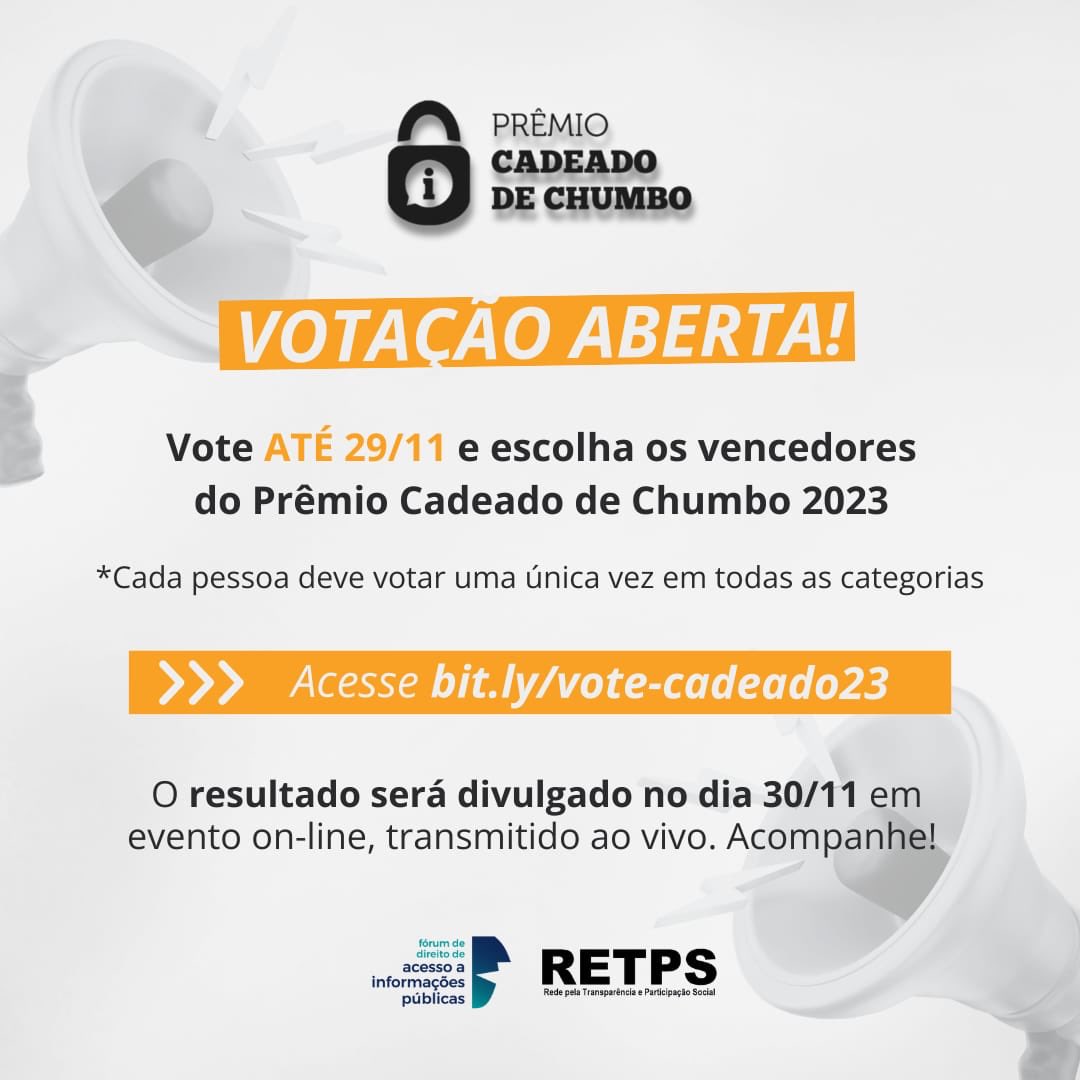 racesp_'s tweet image. VOTAÇÕES ABERTAS: público irá escolher os vencedores do Prêmio Cadeado de Chumbo 2023

Saiba mais: informacaopublica.org.br/leia/votacoes-…

Vote aqui: docs.google.com/forms/d/e/1FAI…
