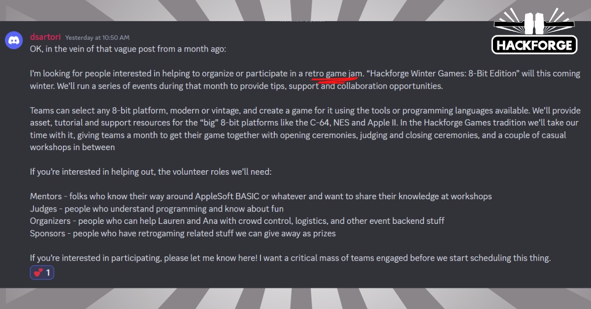 hackforge's tweet image. We're planning a no-stakes development challenge based on #retrogaming! Check out the details and send us a message at @info@hackf.org if you're interested in participating or volunteering
You can also join our discord to get in the conversation directly: discord.gg/uYMVQYP