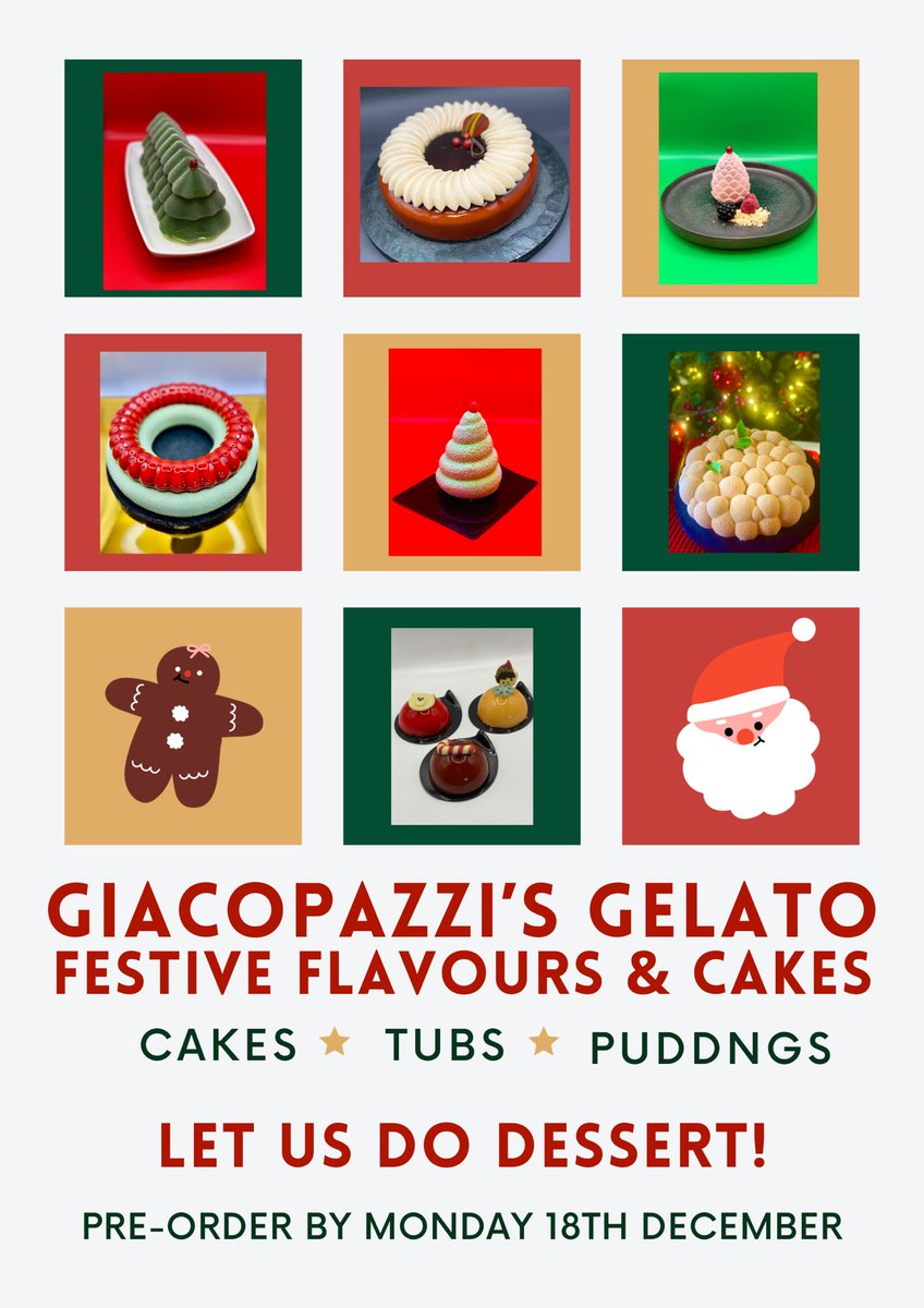 Giacopazzis's tweet photo. Order Forms are hot off the press! As well as our selection of individual and to share gelato cakes, we also have a super selection of family tubs in festive and classic flavours for you to pre-order this year #letusdothework #dessertsorted #centrepieces #showstoppercakes https://t.co/7hbmY1xMtF