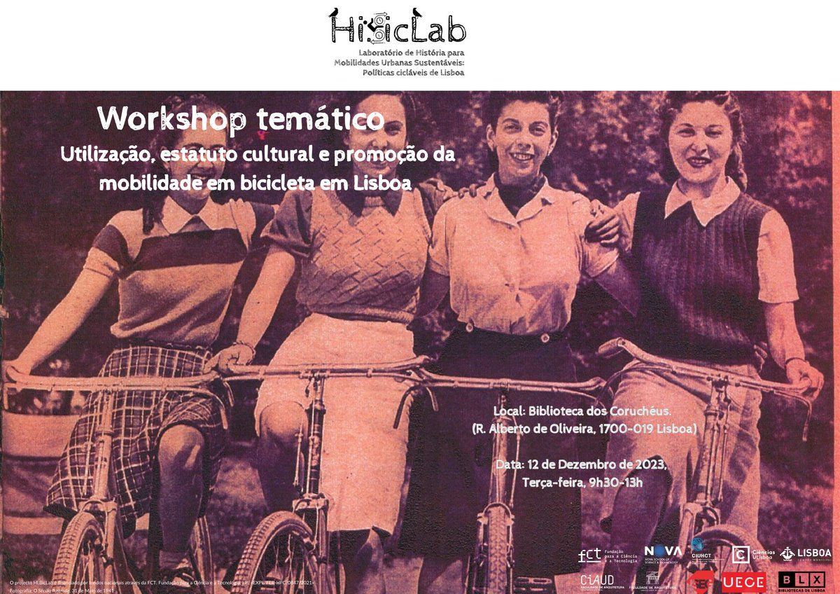 HBiclab's tweet photo. "Utilização, estatuto cultural e promoção da mobilidade em bicicleta em Lisboa"
3º workshop do Hi-BicLab, 12/12/2023, 9h30-13h, Biblioteca dos Coruchéus (Alvalade, Lisboa)
Mais informações e inscrição aqui: https://t.co/MhZqtMwYvl https://t.co/5xseIDeVK5