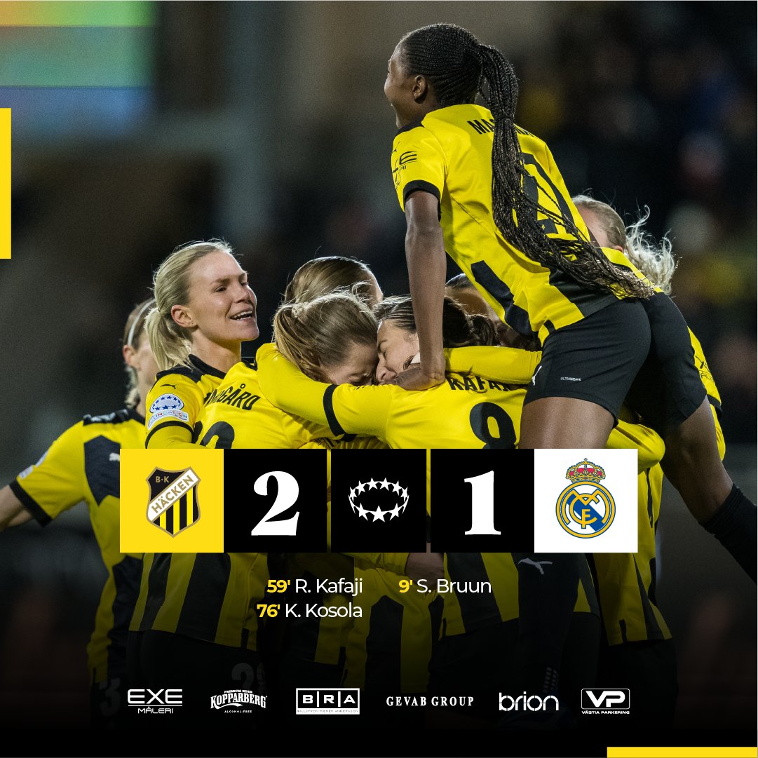 JAAAAAAAAAA 💛🖤

BK Häcken besegrar Real Madrid med 2–1 inför 4897 åskådare på Bravida Arena.

#bkhäcken #UWCL