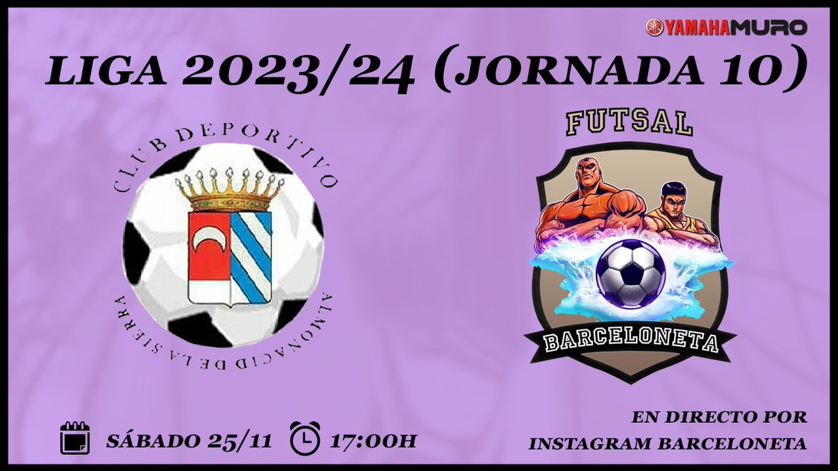 ⚽️PRIMER EQUIPO⚽️

Jornada 10 y nos desplazamos a tierras aragonesas para seguir la racha de victorias consecutivas

Vamos Barceloneta!💪🖤💜

🆚 <a href="/AlmonacidFs/">almonacidfs</a> 
🕕 Sábado 25 de noviembre 17h
📺 Instagram Barceloneta 

#vamosbarceloneta #barceloneta #2bgrupo3futsal <a href="/Futsal2B3/">Futsal 2ªB G3</a>