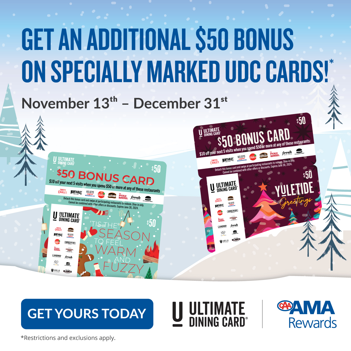 AMAcommunity's tweet photo. Buy a $50 Ultimate Dining Card from any AMA centre and get a $50 bonus until Dec. 31. 🍽️ Plus, you’ll earn 5% in #AMARewards on every gift card purchase. Offer not available online. Exclusions and restrictions apply—learn more about them here🔗 https://t.co/sSleJzGzbQ https://t.co/ruQQjNeTL6