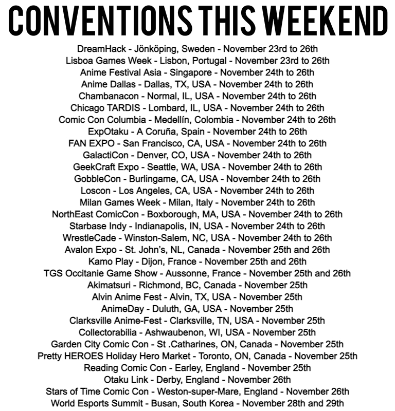 GlobalFanCons's tweet photo. 32 Conventions this weekend in 🇩🇰🇸🇪🇵🇹🇸🇬🇺🇸🇨🇴🇪🇸🇮🇹🇨🇦🇫🇷🏴🇰🇷
What will you be attending? #BLASTPremier #DHWinter #LGW23 #AFASG23 #AnimeDallas2023 #ChicagoTARDIS #CCC2023 #FANEXPOSanFrancisco #GalactiCon2023 #GeekCraftExpo #Loscon #MGWCMX #StarbaseIndy #WrestleCade #WES23 (1/3) ~ VL https://t.co/R7x0CCJ5Sc