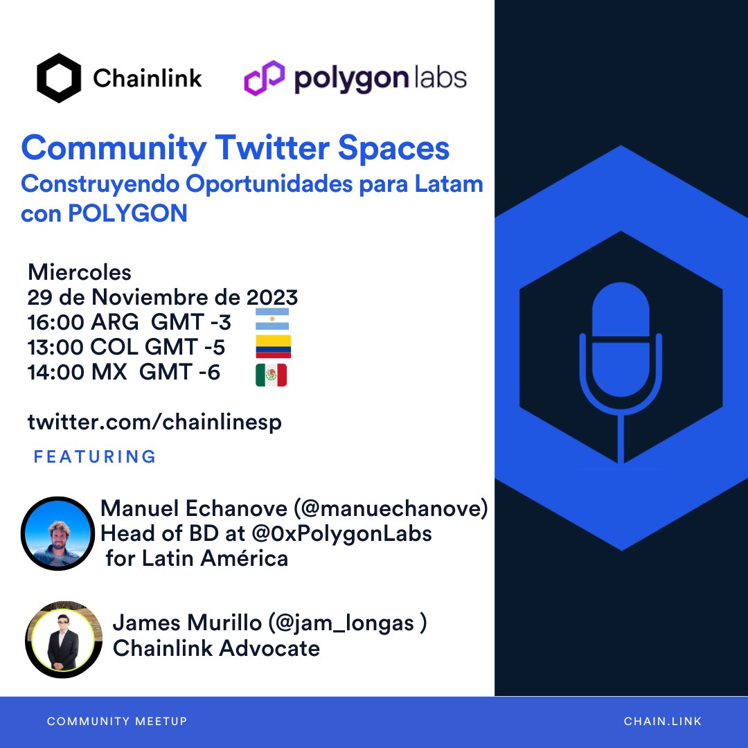 Nos complace anunciar que el próximo 29 de Noviembre, tendremos un X Spaces de #Chainlink en español junto a <a href="/manuechanove/">mechanove.eth (※,※)</a> Head of BD de @0xPolygonLabs para Latam, para explorar sobre las oportunidades de desarrollo en la región.

Pon el recordatorio ➡️ x.com/i/spaces/1MYxN…
