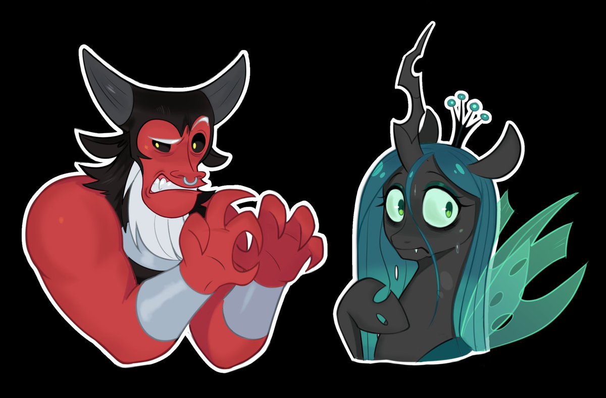 sugar_switch's tweet photo. Wanna get into making stickers (and merchandize), decided to start with my favorite pairing.

(Their reaction to someone/Cozy Glow calling them a couple, lol)

#art #queenchrysalis #lordtirek #frenemies #mlpfim #shipart #mylittlepony https://t.co/K7v3cOyDeE