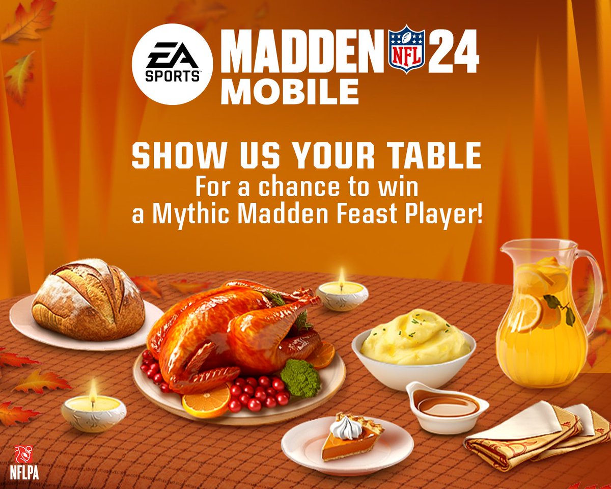 RT &amp; Comment w/

🦃 A picture of your fully set table in the #MaddenNFL24Mobile Madden Feast program
🦃 Your favorite Thanksgiving side

For a chance to win a Mythic Madden Feast Player! 3 Winners will be selected on Monday, 11/27. 

Happy Thanksgiving! 🍽