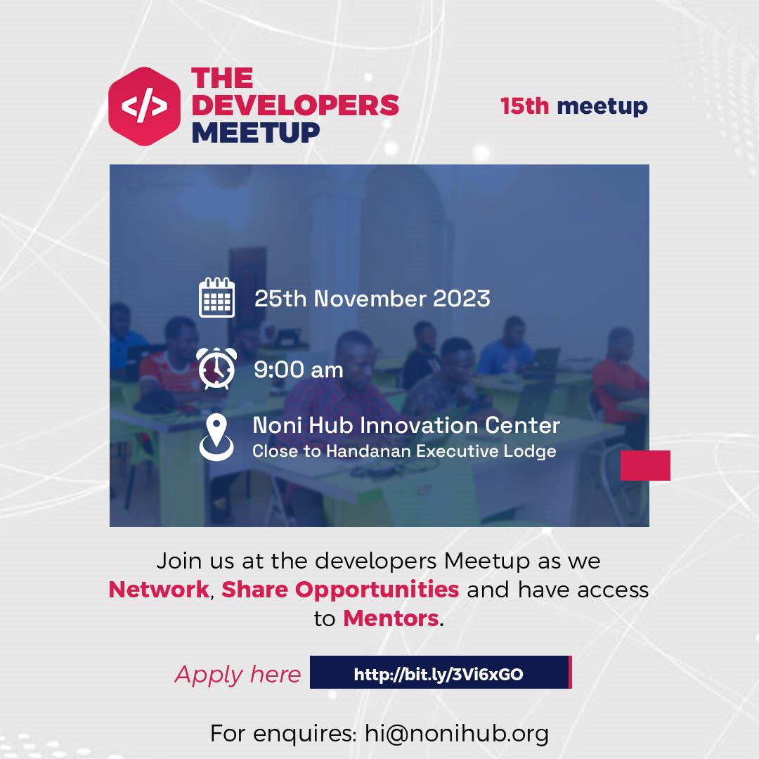 Join us this weekend for our 15th Developers Meetup, where you can network, learn, and grow. 
Don't pass up this opportunity to connect with other developers and mentors while tackling our coding challenges. 
#nonihub #DevelopersMeetup #TechCommunity #softwaredeveloper