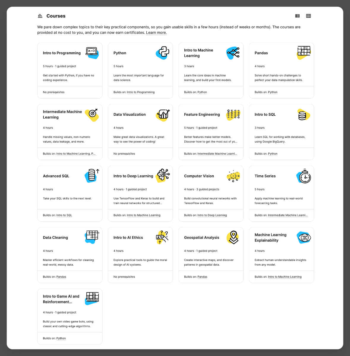 svpino's tweet photo. Kaggle has top-notch courses, and most people have never heard about them.

I love them for two reasons:

First, they are ideal for someone wanting to learn something from the beginning. Courses don't assume much and will teach you from scratch.

And second, they all take only a few hours. This means you can try something new without a huge commitment. These courses are like an appetizer: their goal is to get you hungry for the entreé.

The downside, of course, is that you'll need a bit more. If you are looking for "The Ultimate Course," look elsewhere. If you are okay starting with a small bite, look at these.

All of their courses are related to programming and data science. Here are my five favorites:
 
1. Intro to Machine Machine Learning
2. Intermediate Machine Learning
3. Data Cleaning
4. Data Visualization
5. Feature Engineering

To find these courses, visit Kaggle's site and go to the Learn section. I don't link to it, because Twitter doesn't like links.

Hope they help!