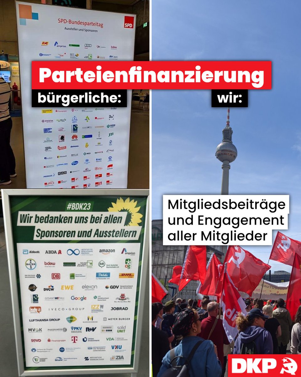 Die DKP ist eine Mitmachpartei! 💪

Wir nehmen keine Schmiergelder von Konzernen an. Unsere gesamte Parteiarbeit wird durch Mitgliedsbeiträge, Spenden und das Engagement aller Mitglieder ermöglicht. 🚩

#bdk23 #linkebpt #Notlage