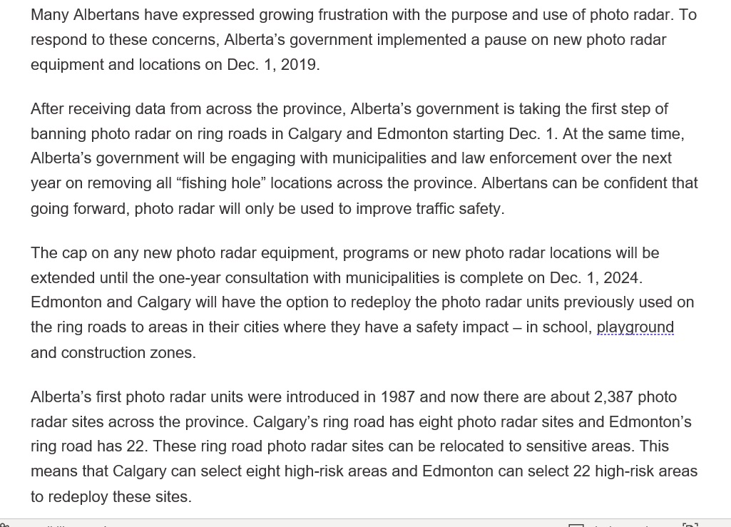 NEW: 

Alberta banning photo radar on ring roads in Edmonton and Calgary, while also extending a freeze on new photo radar for another year. #yeg #yyc #ableg