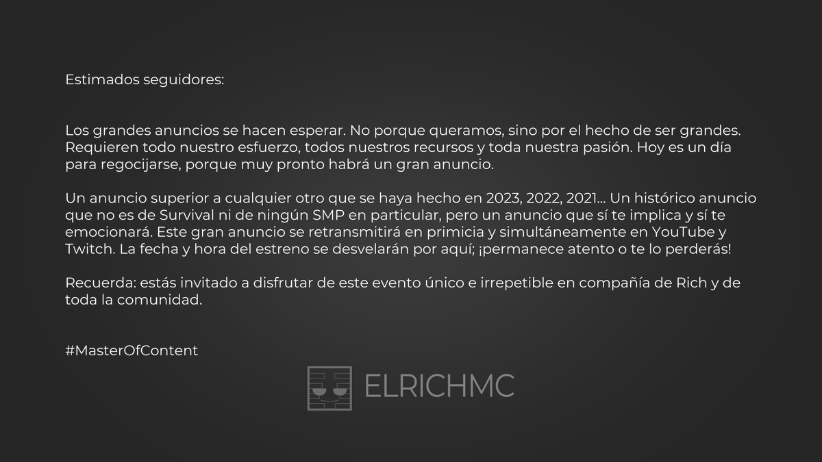 ElRichMC's tweet photo. Estoy extremadamente feliz de poder anunciar hoy mi próximo gran proyecto: #MasterOfContent