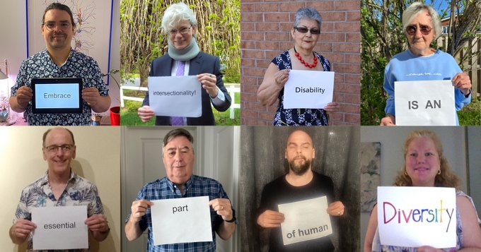 Eight people are pictured each holding a sign with a message that spells out: "Embrace intersectionality! Disability is an essential part of human diversity"